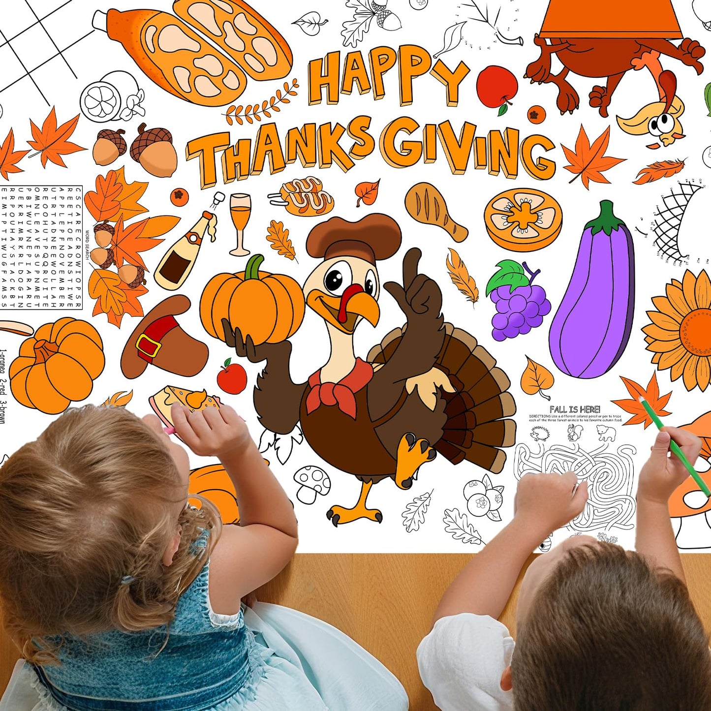 DERAYEE Thanksgiving Giant Coloring Poster, 72 x 35 Inches Disposable Thanksgiving Coloring Tablecloth Fall Harvest Themed Jumbo