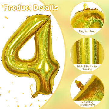 Large Number 4 Balloons, 40 Inch Laser Gold Helium 4 Balloons For Kids 4 Year Old Birthday Decor, Self Inflating Foil Globos Dor