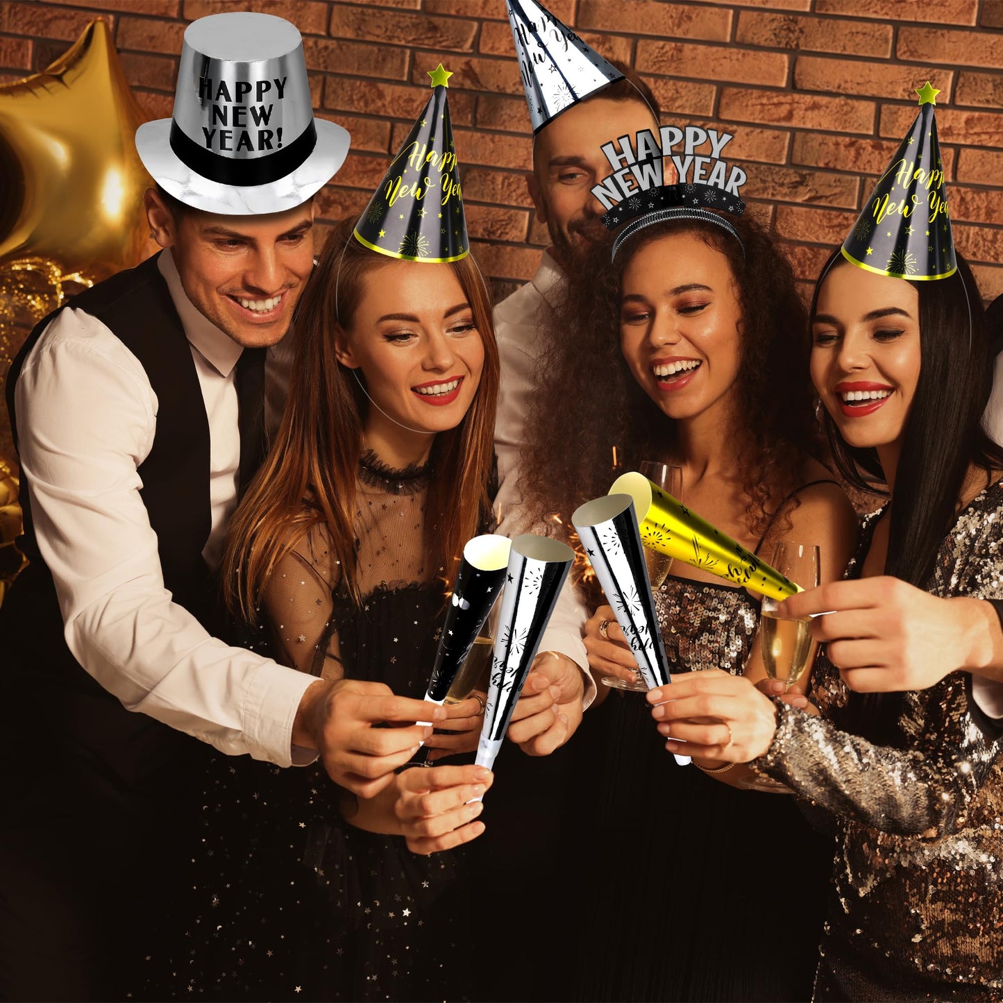 40PCS New Years Party Supplies 20 Guests, New Years Party Favors Gold Black, New Years Accessories Cardboard Plastic, Tiaras Top