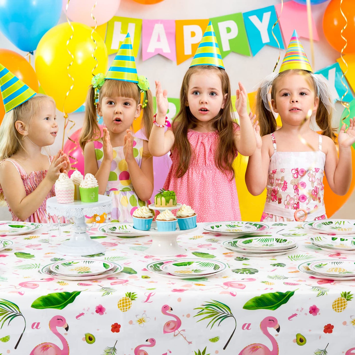 WERNNSAI Flamingo Tablecloth - 108x 54 Tropical Luau Party Disposable Plastic Table Cover Pineapple Party Supplies for Kid G