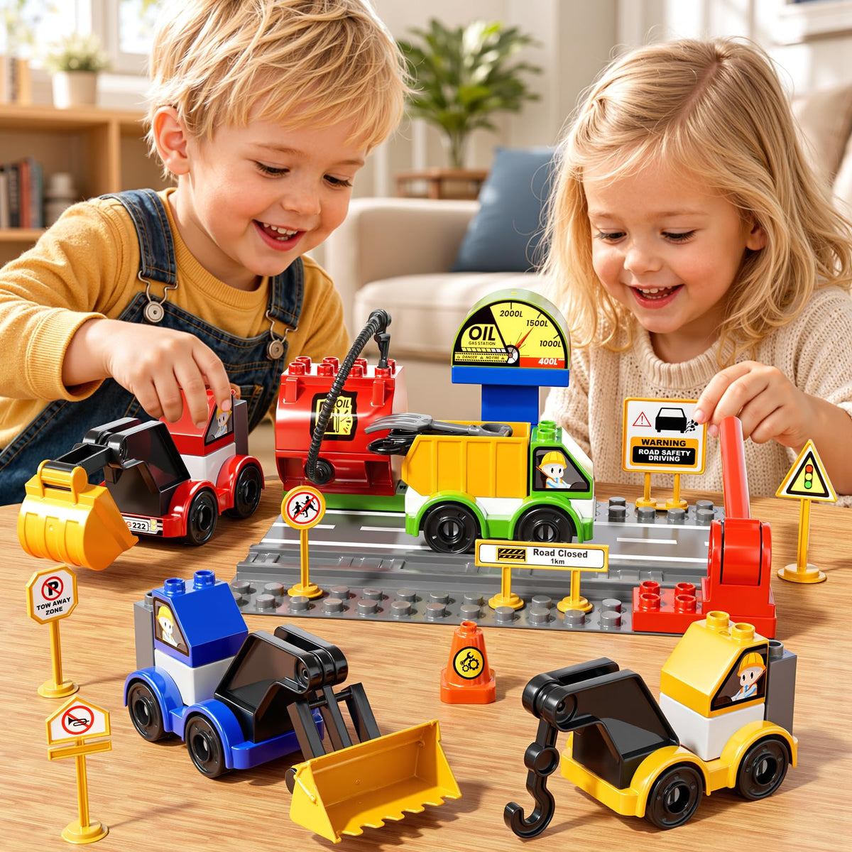 XINNOVEL Toddlers Car Building Blocks Set, 72 Pcs Large Building Blocks, STEM Construction Toys Include Excavator,Bulldozer,Dump
