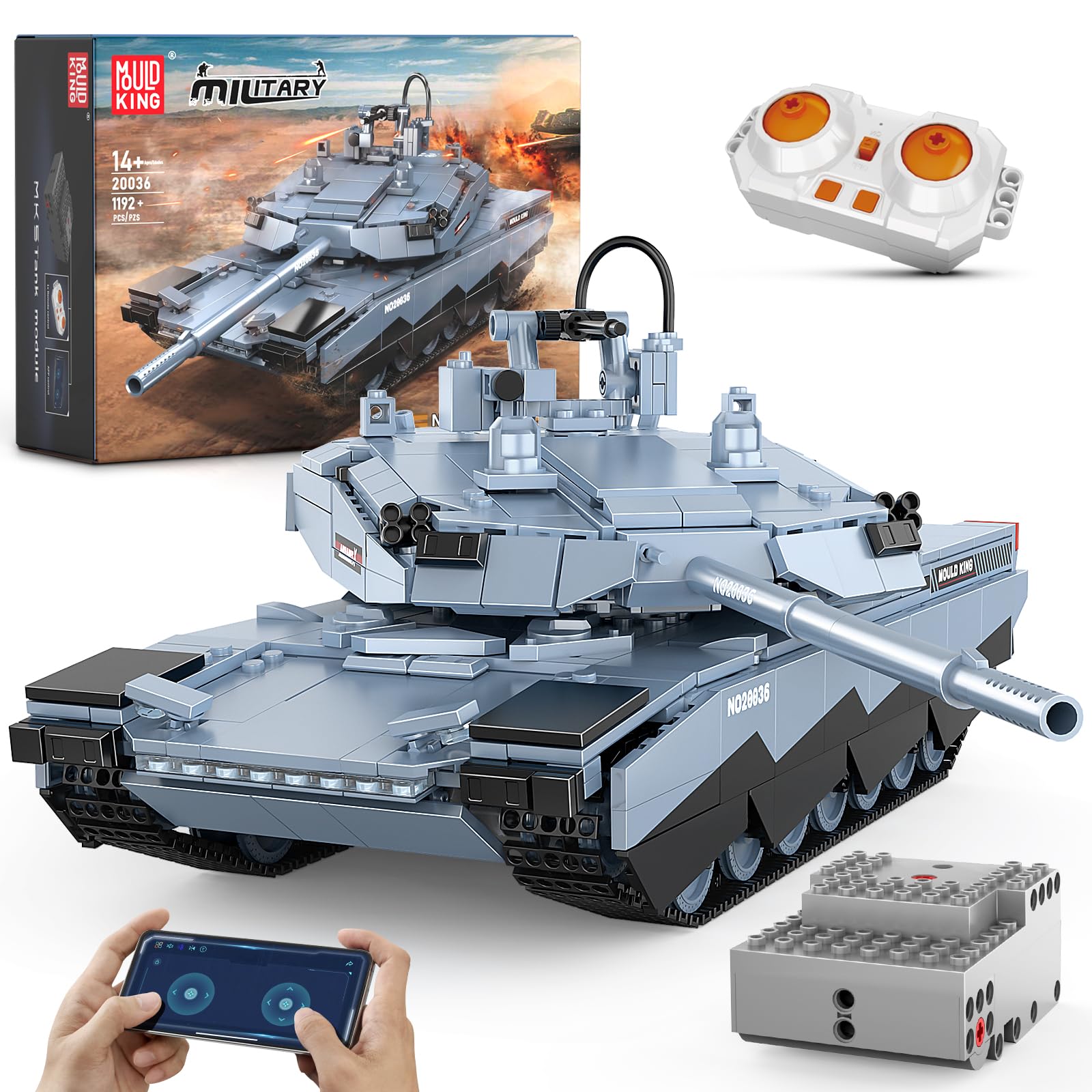 Mould King Rc Tank Ww2 Abrams-X, 20036 Military Vehicles Building Blocks Sets, Army Tank Model Construction Block Kits &App/Remo