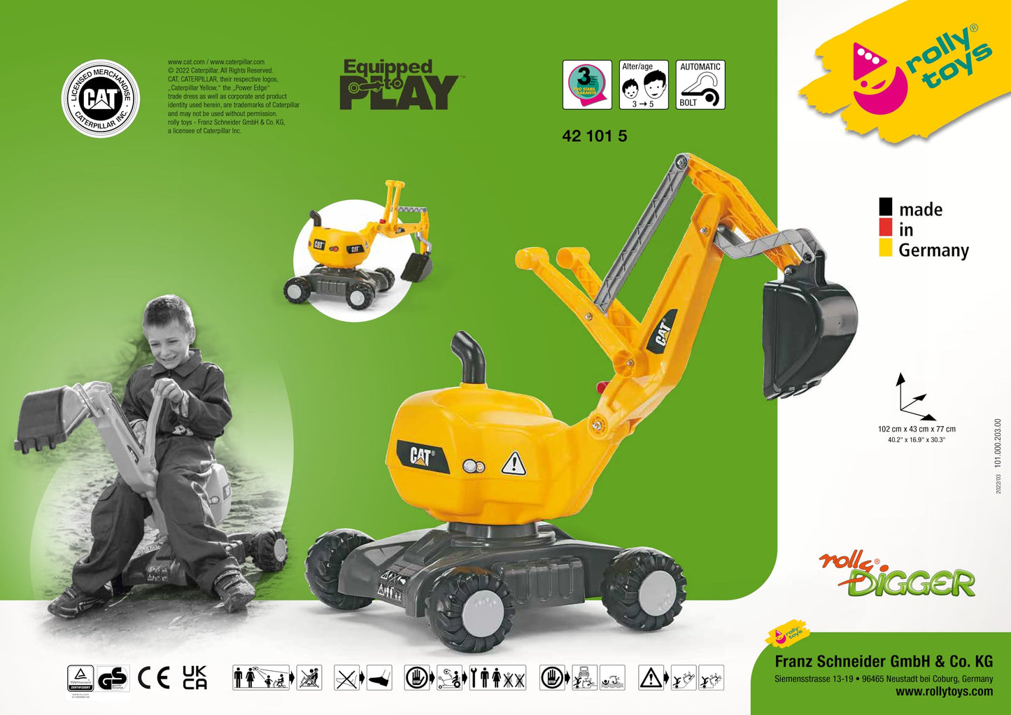 Rolly Toys CAT Construction Ride-On 360-Degree Excavator Digger, Large, Yellow, Model 421015, Ages 3+