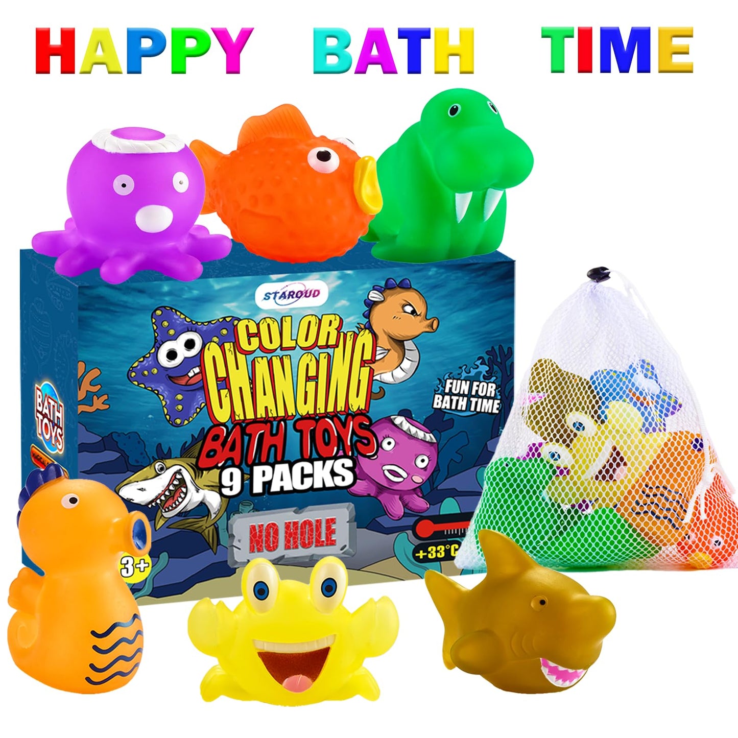 Color Changing No Hole Bath Toys For Kids Toddlers, Color Change Sea Creatures Ocean Animal Toys With Drying Bag(9 Pack), Baby Bath Toys Water Toys Floating Fish Toys