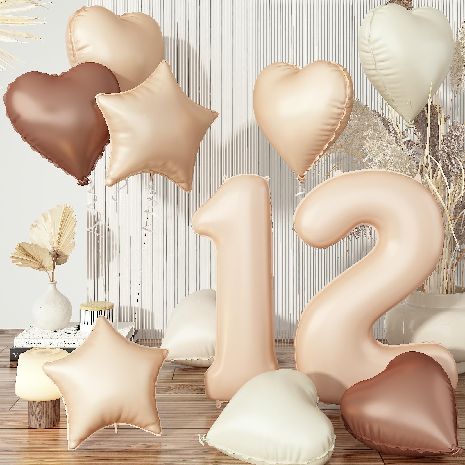 12Th Birthday Balloons Beige, Large Apricot Tan Foil 12 Number Balloon Decor With Sand White Cream Nude Taupe Helium Heart Star