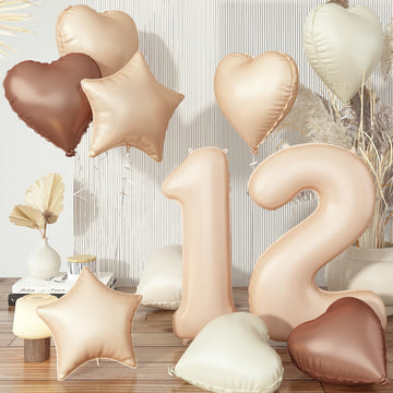 12Th Birthday Balloons Beige, Large Apricot Tan Foil 12 Number Balloon Decor With Sand White Cream Nude Taupe Helium Heart Star