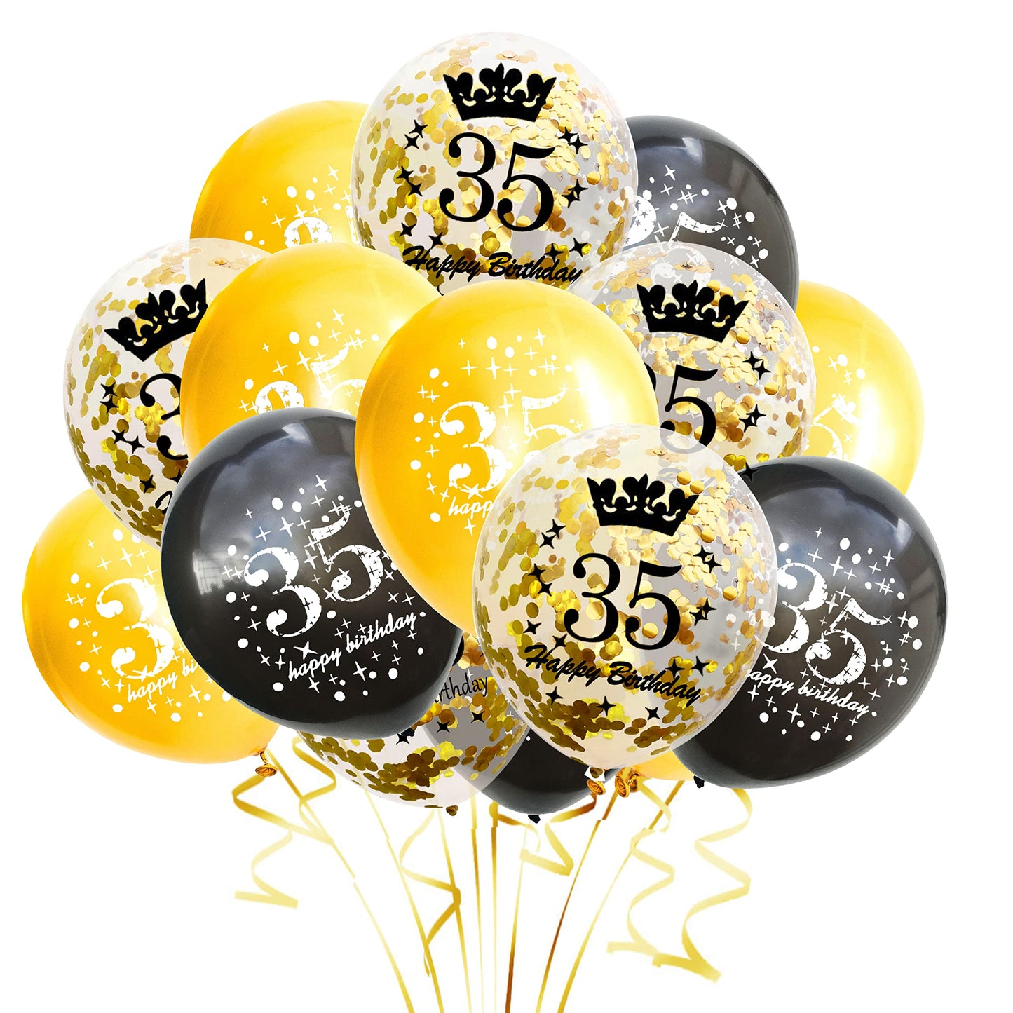 Jonhamwelbor Happy 35Th Birthday Balloon (15Pcs 12Inch) Black And Gold Latex Inflatable Clear Confetti Anniversary Party Helium