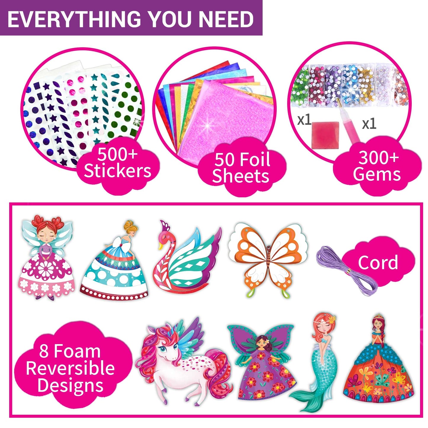 Chalk and Chuckles Art and Craft Kit, Sparkle & Shine Unicorn & Princess, Mess-Free Foil Art and Diamond Painting Set, Birthday