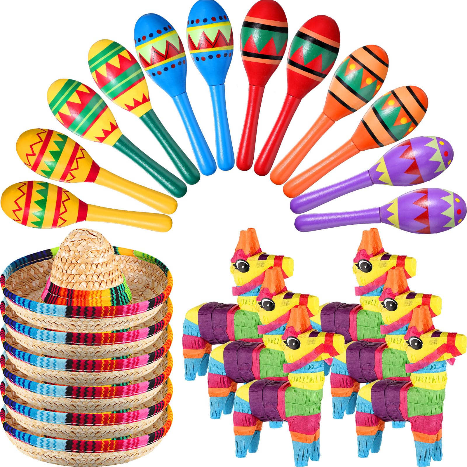 Hungdao 24 Pcs Mexican Fiesta Decorations Includes Mini Donkey Pinata Wooden Fiesta Maracas for Kids Mini Sombrero Hats Cinco De
