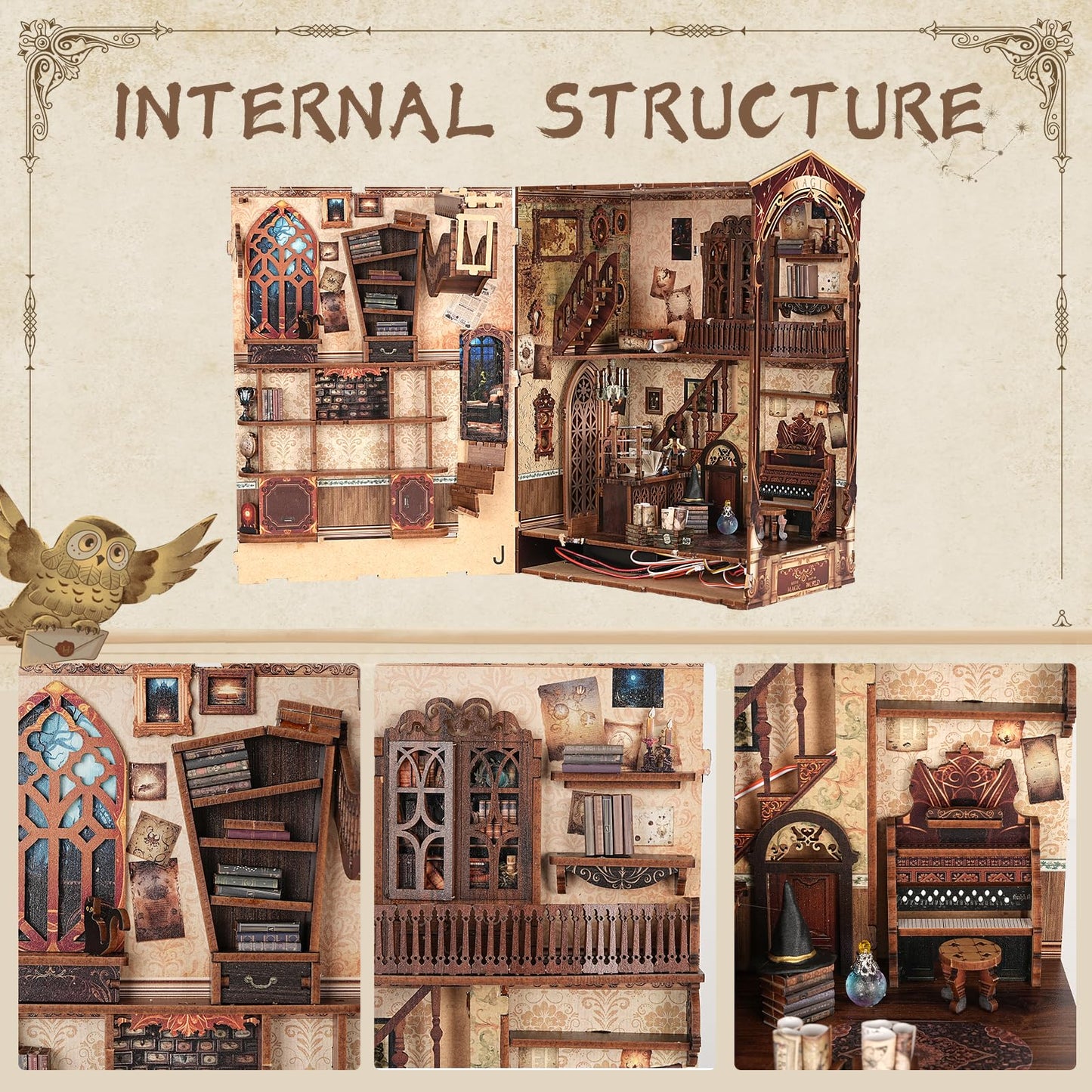 Itefdtutne Book Nook Kit For Adults, Diy Miniature Dollhouse Booknook Kit With Led Light & Dust Baffle, 3D Wooden Bookshelf Puzz