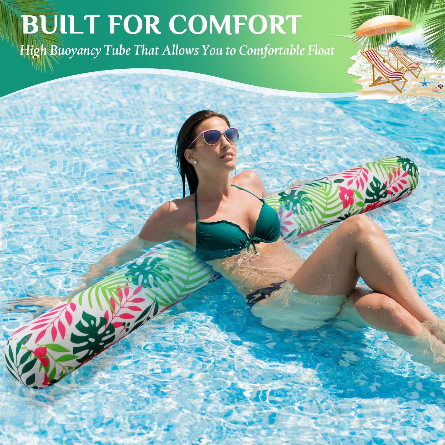 Soulchen 2 Pack Inflatable Pool Noodles Soft Fabric Covered 54'' Large Swim Noodles for mature-themeds Hawaii Tropical Palm Leaves enhanced Buoyancy for Pool Swimming Floating Beach Party Decor (Warm-Toned)