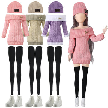 Geyoga 3 Set 12 Pcs Doll Clothes And Accessories Suit Pants Shoes Spring Sweater Outfits, Dolls Are Not Included(Pink, Purple, Beige,12 Inch)