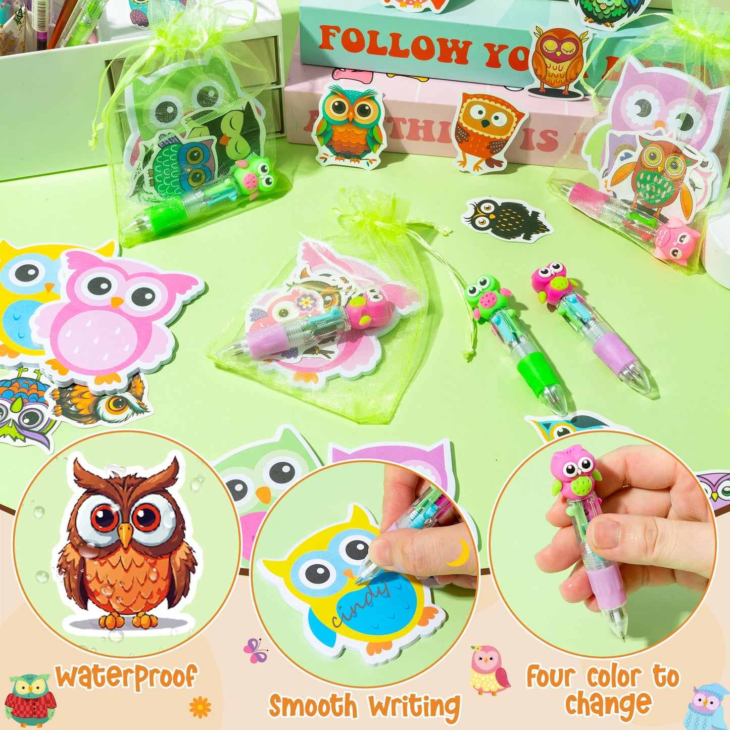 CY2SIDE Owl Stationery Party Gifts - 24 Pack Christmas Stuffers Prizes Set with Fun Animal 4-in-1 Ballpoint Pen Sticky Notes Sti