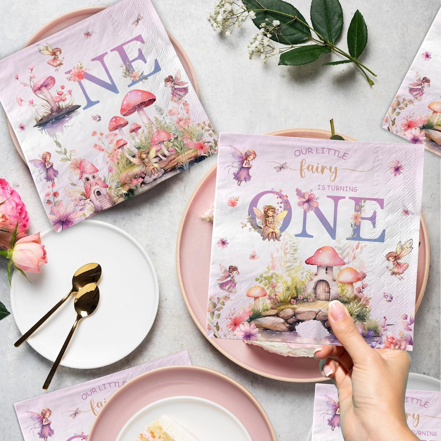 Fairy First Birthday Decorations-40Pcs Fairy One Napkins, Flower Little Fairy Is Turning One Paper Napkins Fairy Dinner Napkins