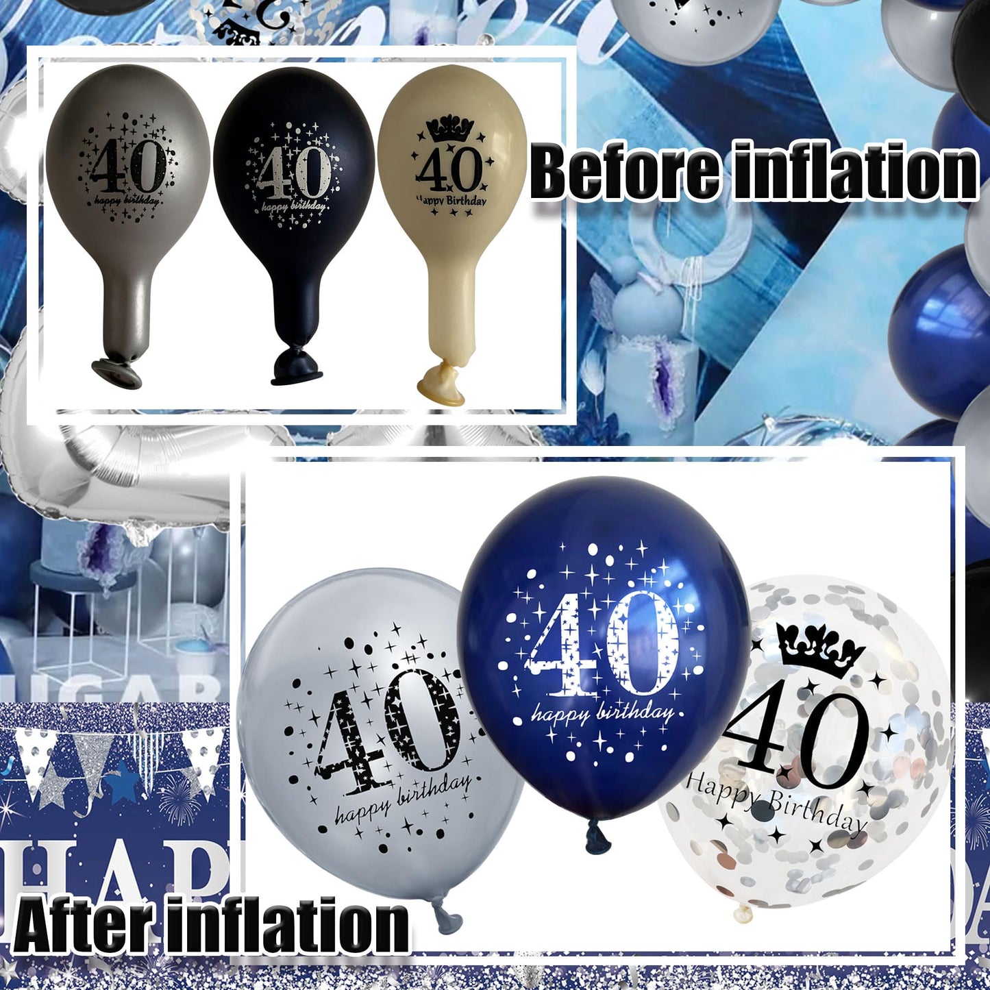 18Pcs Happy Birthday Balloons Decorations Navy Blue Silver 40Th Birthday Balloons Decoration Happy 40Th Birthday Confetti Latex