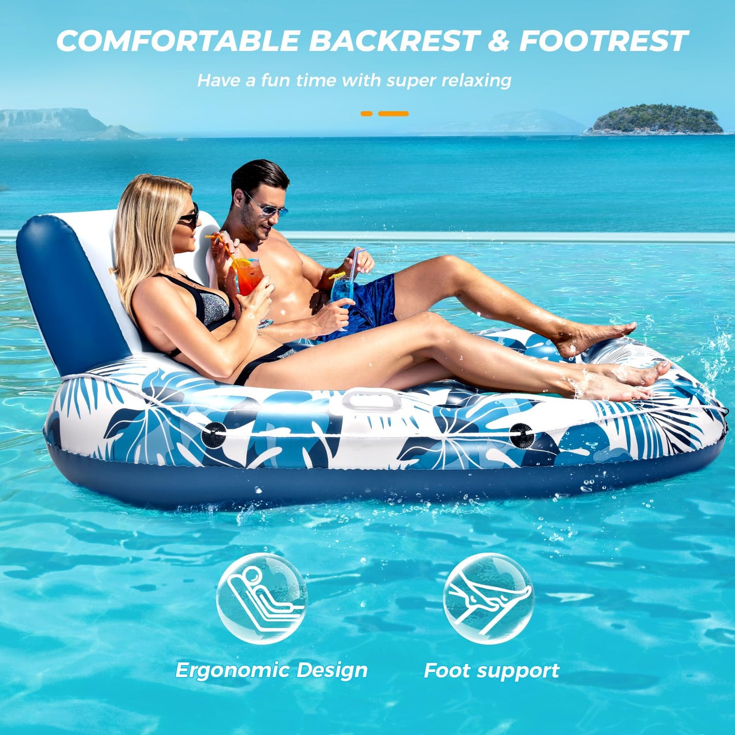 JCLEAL Pool Float Lounger mature-themed Inflatable Pool Floaties Rafts for 2 Person Extra Large Recliner Tanning Lounge Chair Water Floaty with Backrest Footrest Cup Holder for Party River Beach Lake Vacation