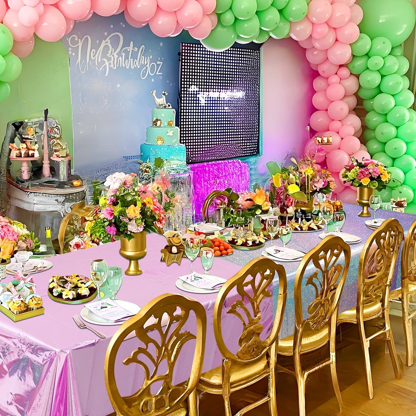 LOYIM 4 Pcs Witch Holographic Tablecloth for Party Pink Green Silver Black 54 x 108 Witch Princess Theme Decorations Iridescent