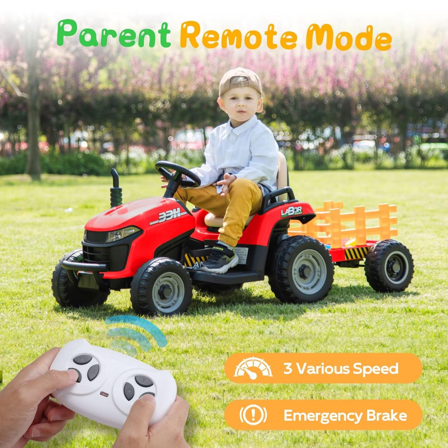 Anpabo 24V Ride On Tractor W/Tiltable & Detachable Trailer, Eva Tires, Up To 4.3Mph, Ride On Toys With Parental Remote, Realistic Tractor Sound & Chimney, Music Player, Led Light, Red