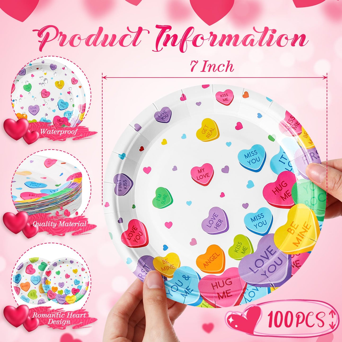 Potchen 100 Pcs 7 Inch Valentines Day Paper Plates Disposable Conversation Heart Paper Plates Round Sweetest Day Plates Decorat
