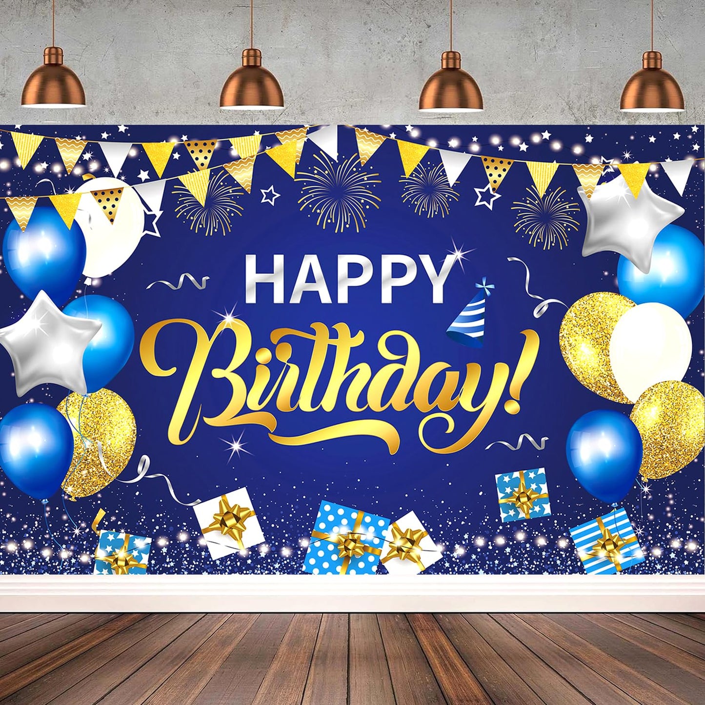 YinQin 180x120 cm Royal Navy Blue Gold Happy Birthday Backdrops Cloth 71x47 inch Birthday Photography Background Glitter Navy Bl