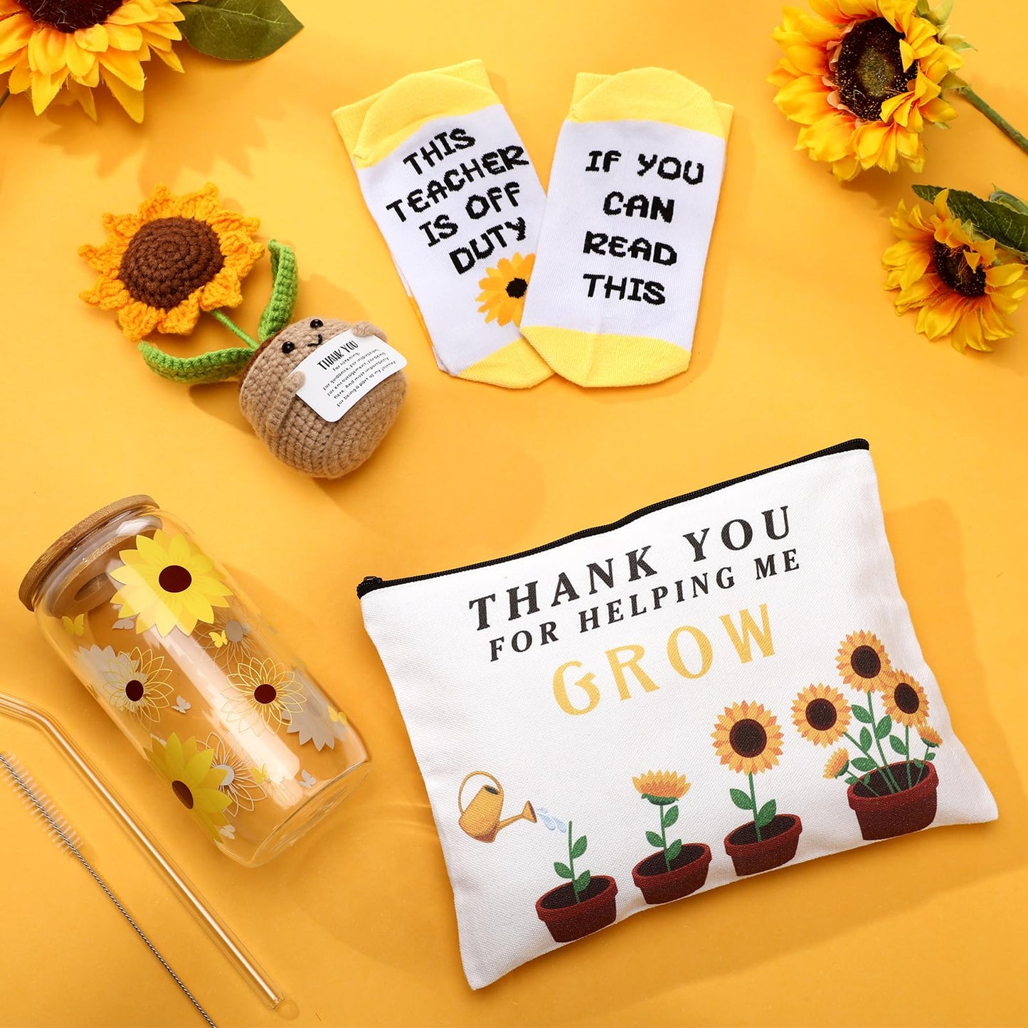 Boao 4 Pcs End of Year Teacher Gift Sunflower Appreciation Gift for Women Thank You for Helping Me Grow Positive Sunflower Doll