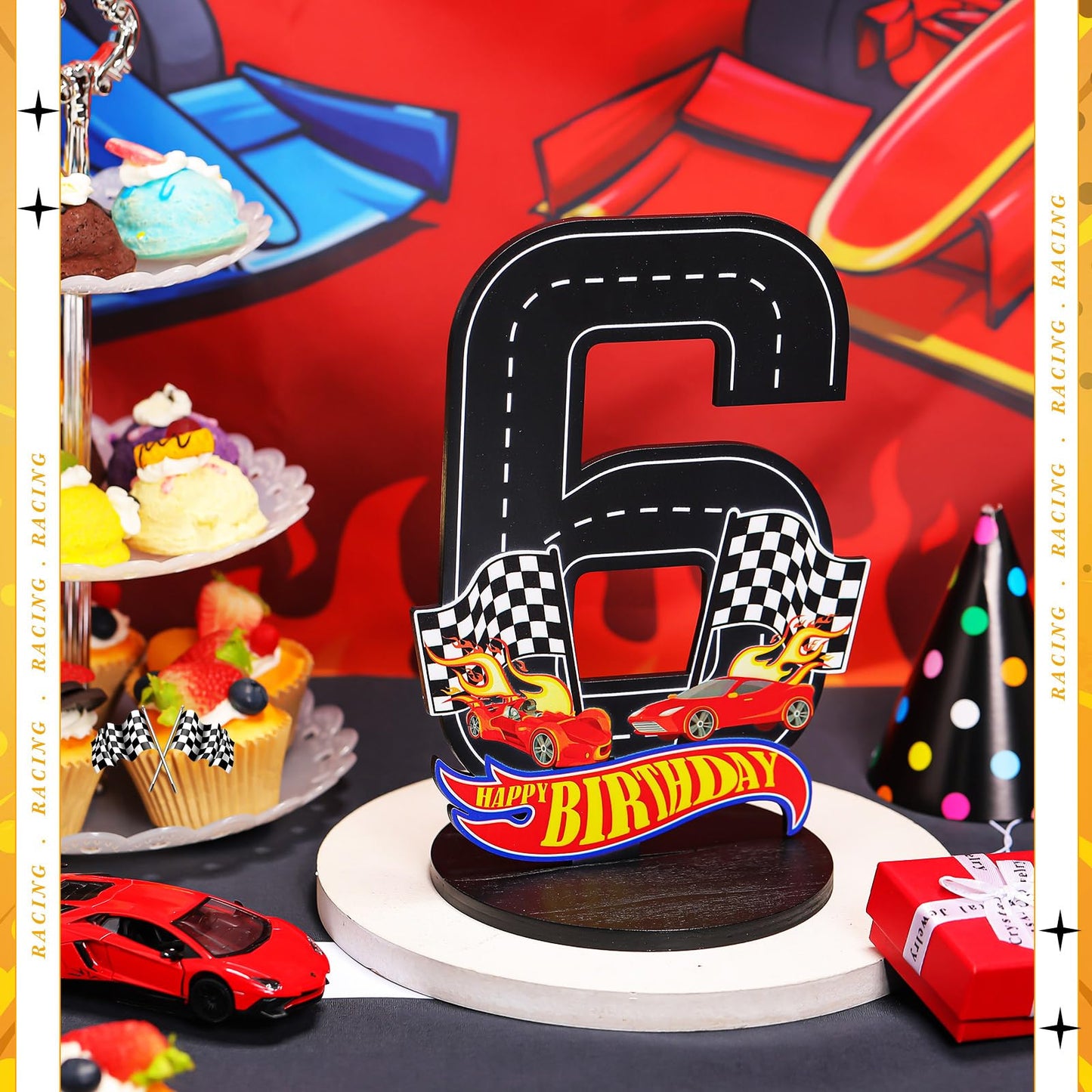 MiniInflat Race Car 6th Birthday Number Sign Centerpiece Race Car Theme 6th Birthday Party Supplies Wooden Table Decoration Phot
