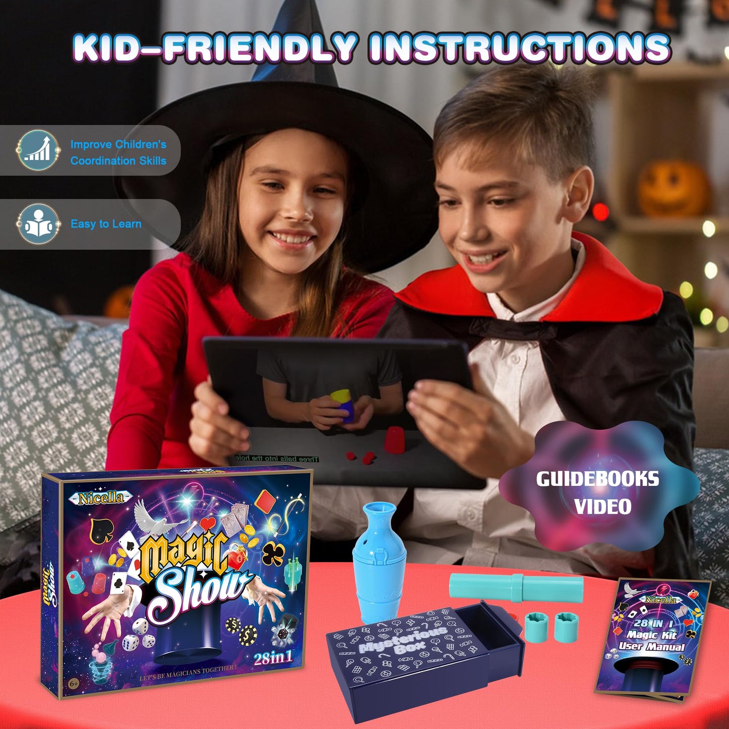 Magic Kit, 109+Magic Tricks For Kids Age 6-8, Magic Set With Manual And Video For Beginners And Kids, Christmas Halloween Birthd