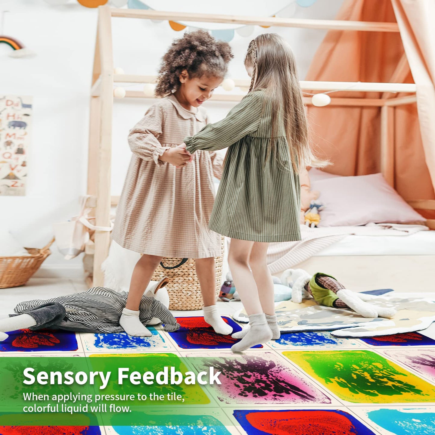 Longking 12  X 12  4-Pack Sensory Floor Tiles For Activity Play Centers For Children, Liquid Tiles, Autism Sensory Poducts