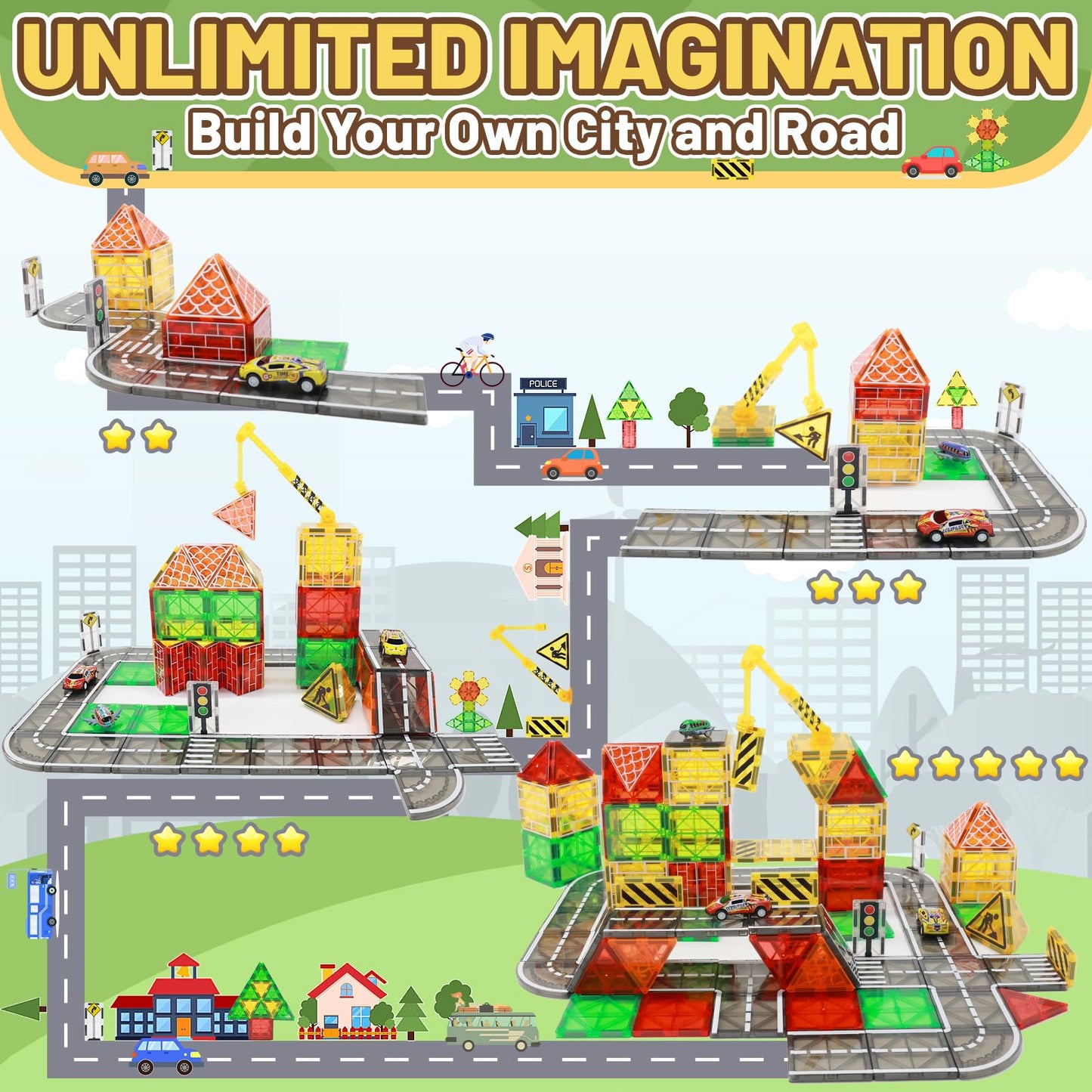Lionfuny Magnetic Tiles, Magnetic Blocks Magnetic Road Tiles Set, Magnets Construction Toys For Kids Ages 3-5 4-8 8-12, Toddlers