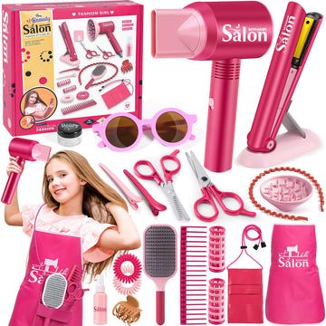 G.C Girls Hair Salon Toys Kids Pretend Play Hair Styling Kit With Realistic Blow Dryer Straightener Stylist Apron Scissors Acces
