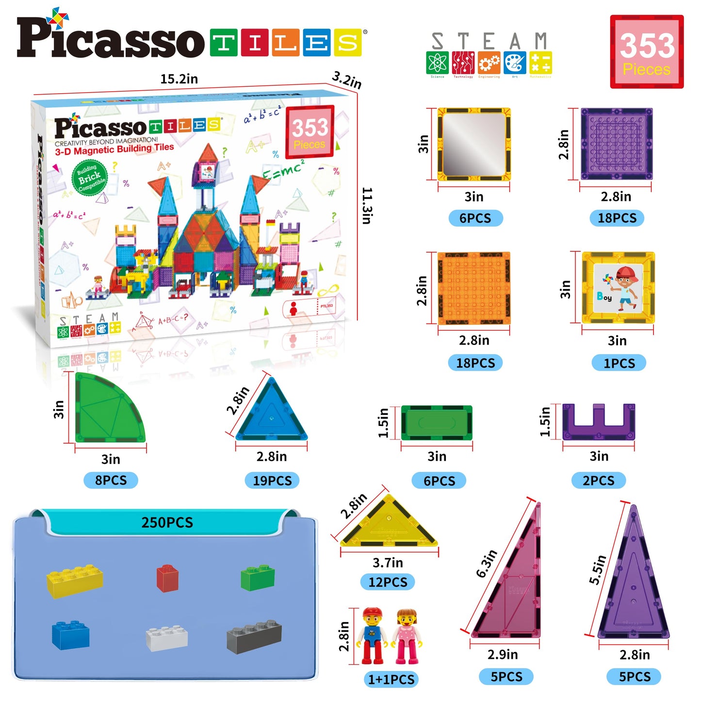 Picassotiles 353Pcsmagnetic Brick Tile And Magnetic Tile Combo Set, Action Figures Included, Building Blocks Stem Toys, Educatio