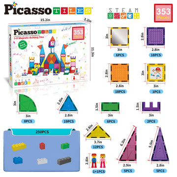 Picassotiles 353Pcsmagnetic Brick Tile And Magnetic Tile Combo Set, Action Figures Included, Building Blocks Stem Toys, Educatio