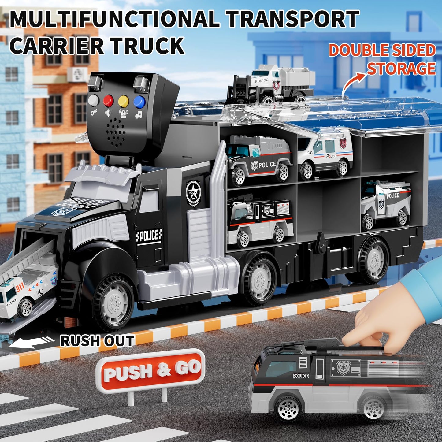 NIPLOOOW Police Trucks Toy Set with Play Mat, Carrier Truck Play Vehicles Set for 3 4 5 6 Years Old Boys Kids, Die-Cast Car Toy