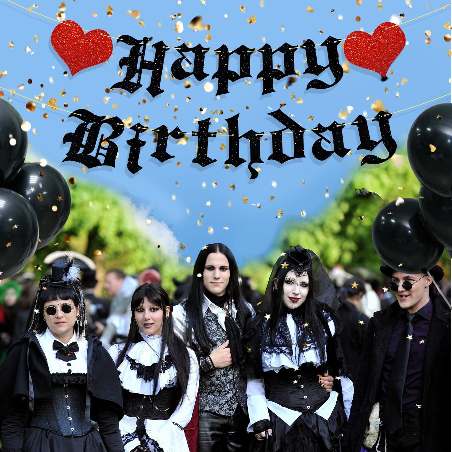 Ushinemi Pre-Strung Goth Birthday Decorations, No Diy Gothic Happy Birthday Banner Glitter Funeral Birthday Party Supplies