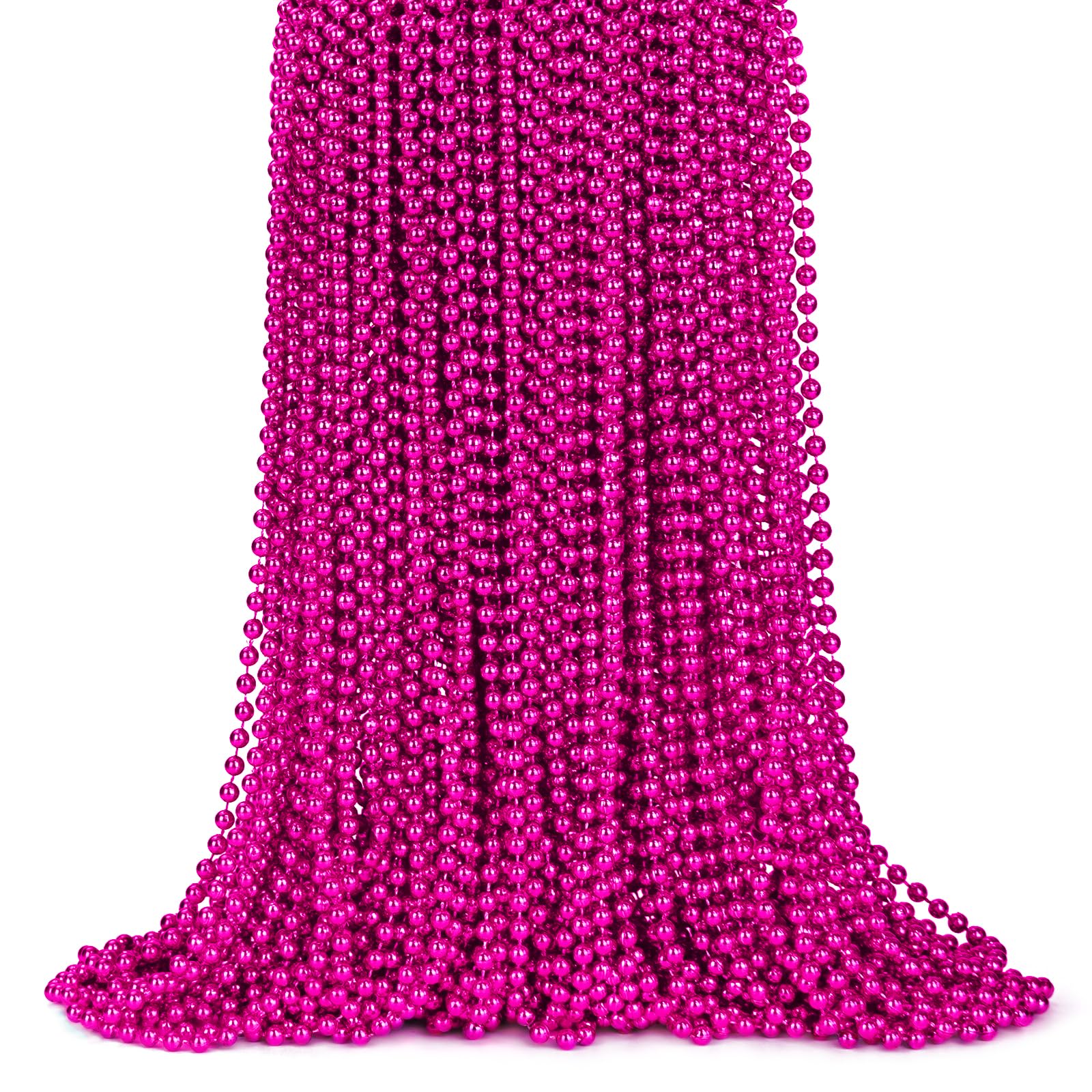 ZYFLSQ 100 Pcs 33'' 7mm Metallic Hot Pink Beads Necklaces, Bulk Mardi Gras Beaded Necklaces, Party Beads Costume Necklaces