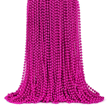 ZYFLSQ 100 Pcs 33'' 7mm Metallic Hot Pink Beads Necklaces, Bulk Mardi Gras Beaded Necklaces, Party Beads Costume Necklaces