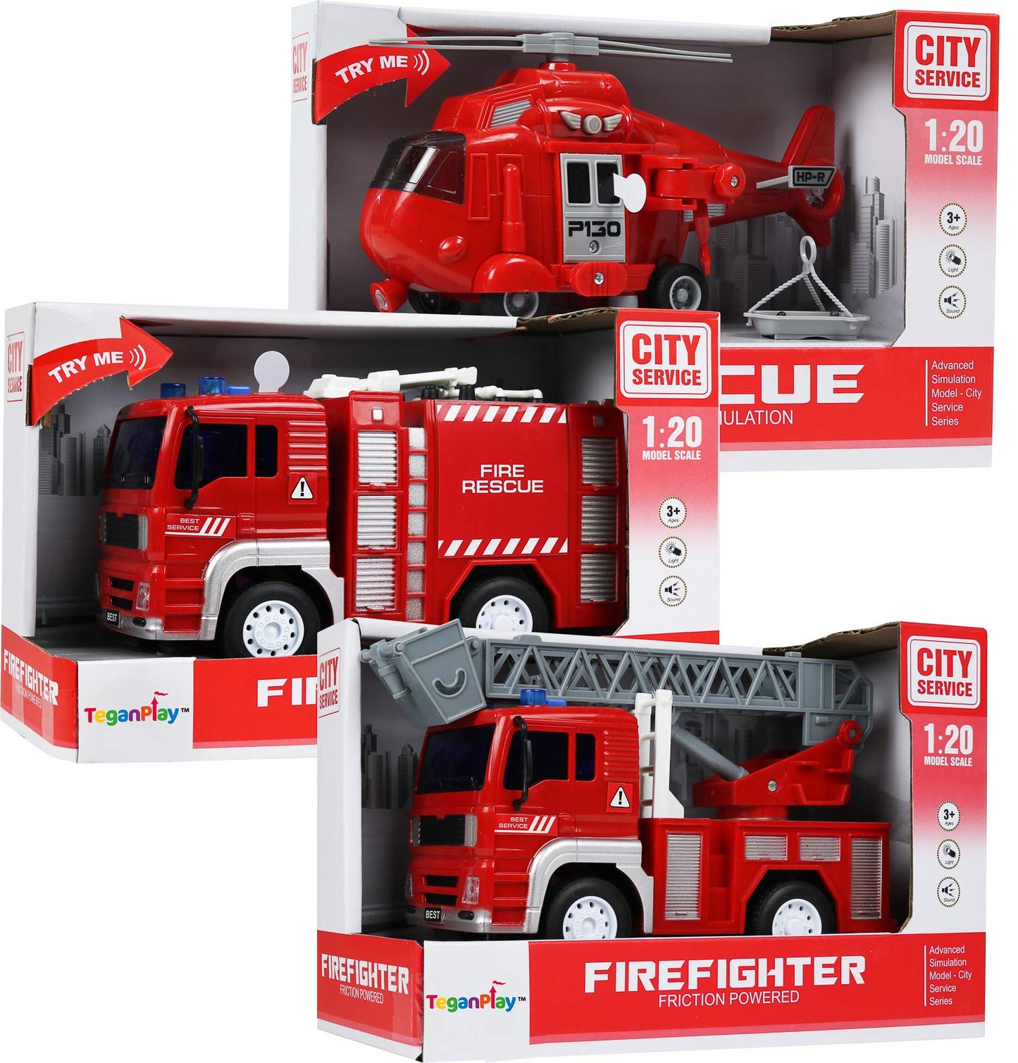 TeganPlay Fire Truck 3 Pack Friction Powered Fire Rescue Vehicle Car Set with Lights and Sounds Including Helicopter, Firefighte
