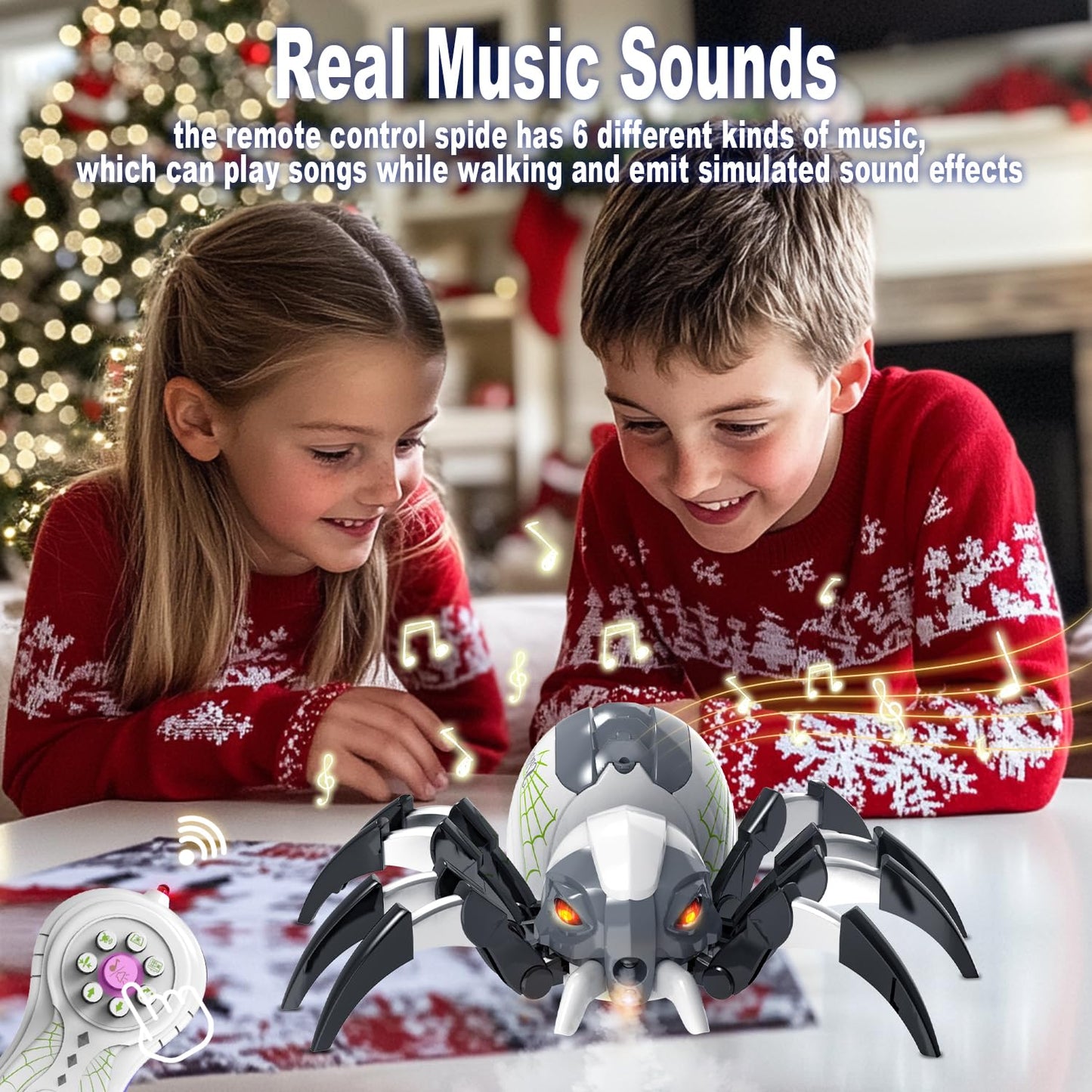 DEERC 128A Remote Control Spider Robot Toy - White, LED Light & Music, Perfect for Kids Halloween Gifts & Pranks