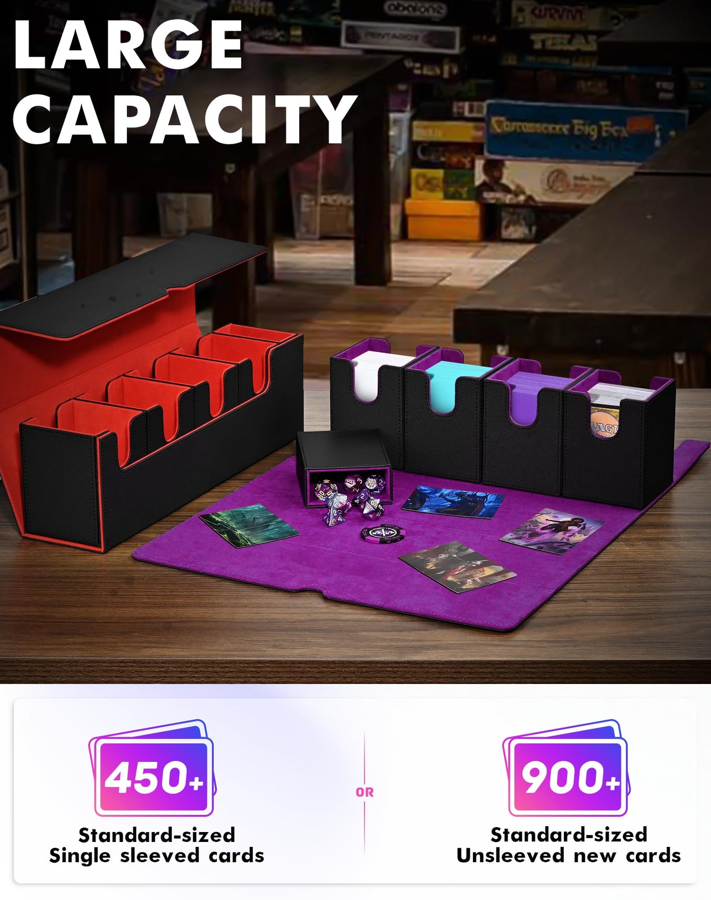 Uaono Card Deck Box With Dice Tray For Mtg, 5 In 1 Card Deck Case Holds 800+ Unsleeved Cards, Strong Magnet Card Organizer Compatible With Yugioh Tcg Sports Cards (Black Purple)