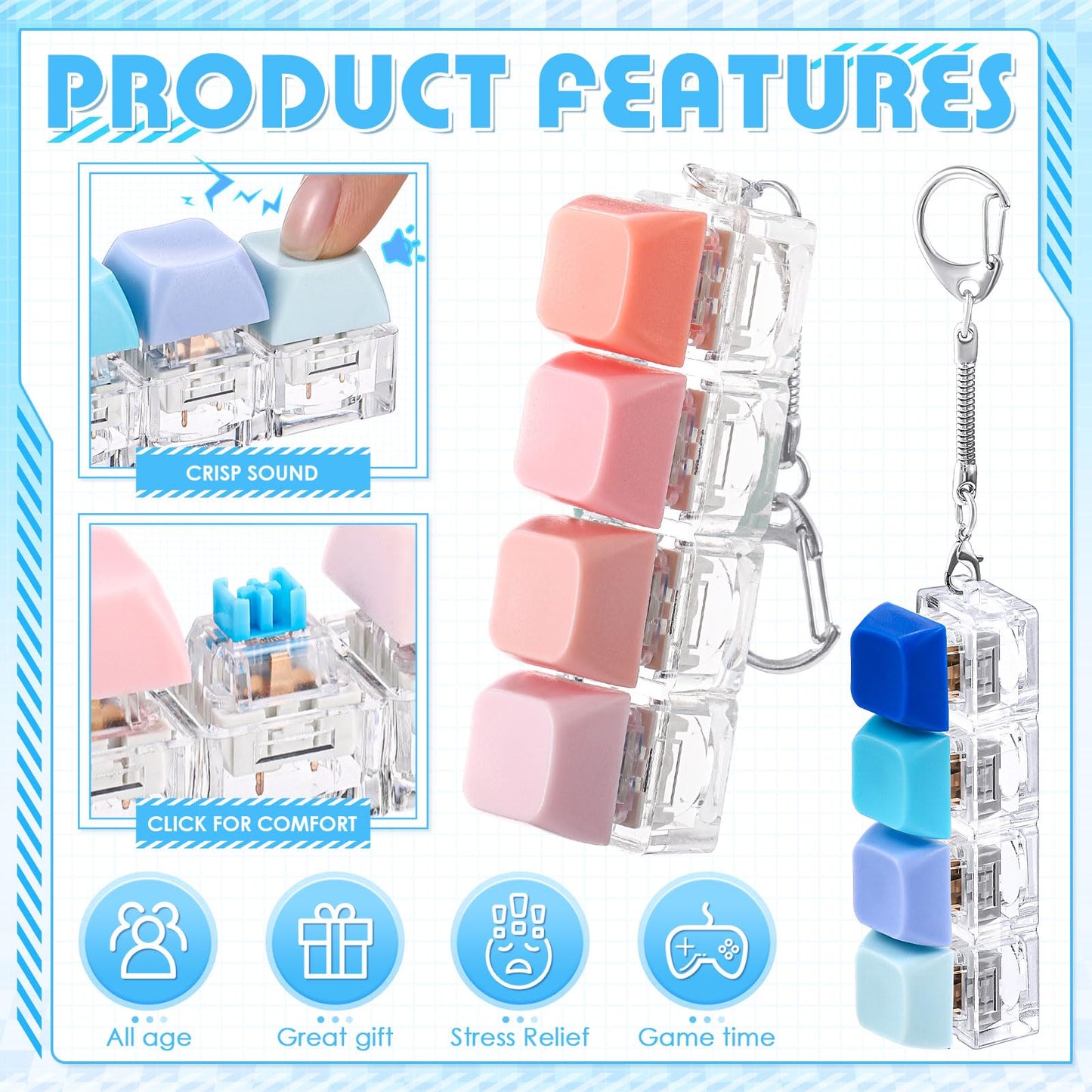 Halloscume 4 Pcs Keyboard mature-themed Fidget Toy Clicker Toy 4-in-1 Keyboard Fidget Keychain Cube Mechanical Key Button Clicker Stress Relief Gift for Office School Home to Pass The Time(Gradient Colors)