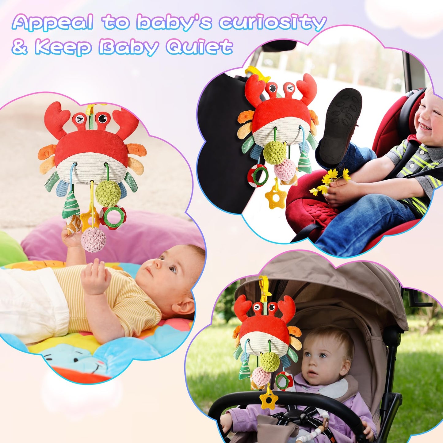 Shozaar Car Seat Toys For Babies 0-6 Months, Crab Stroller Toy With Clamp,Mirror, Little Bell, Rattles, Crinkle, Squeaky,Baby Ne