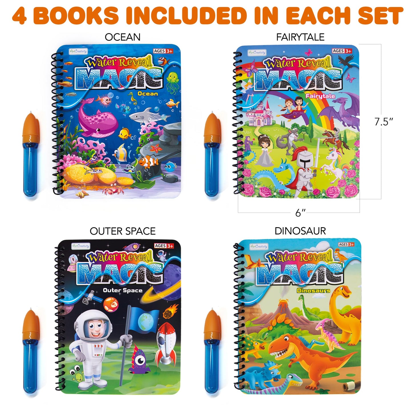 ArtCreativity 4 Pack Magic Water Coloring Books for Toddlers, Reusable Magic Water Pen Coloring Books for Kids Ages 1 2 3 4 - Me