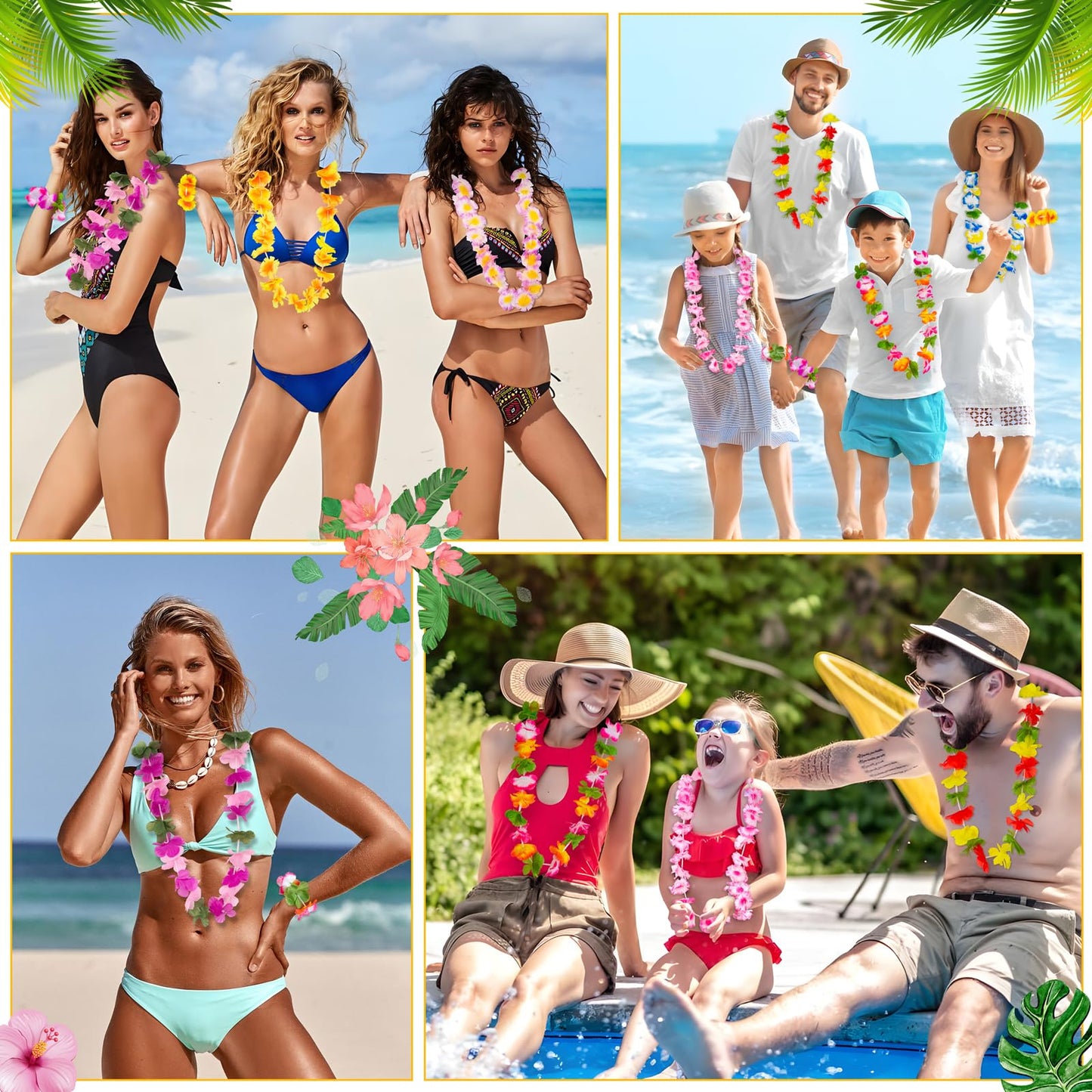 Moon Boat 60 Pieces Hawaiian Luau Leis Necklaces Bracelets - Tropical Tiki Hibiscus Flowers For Summer Pool Party Favors Supplie