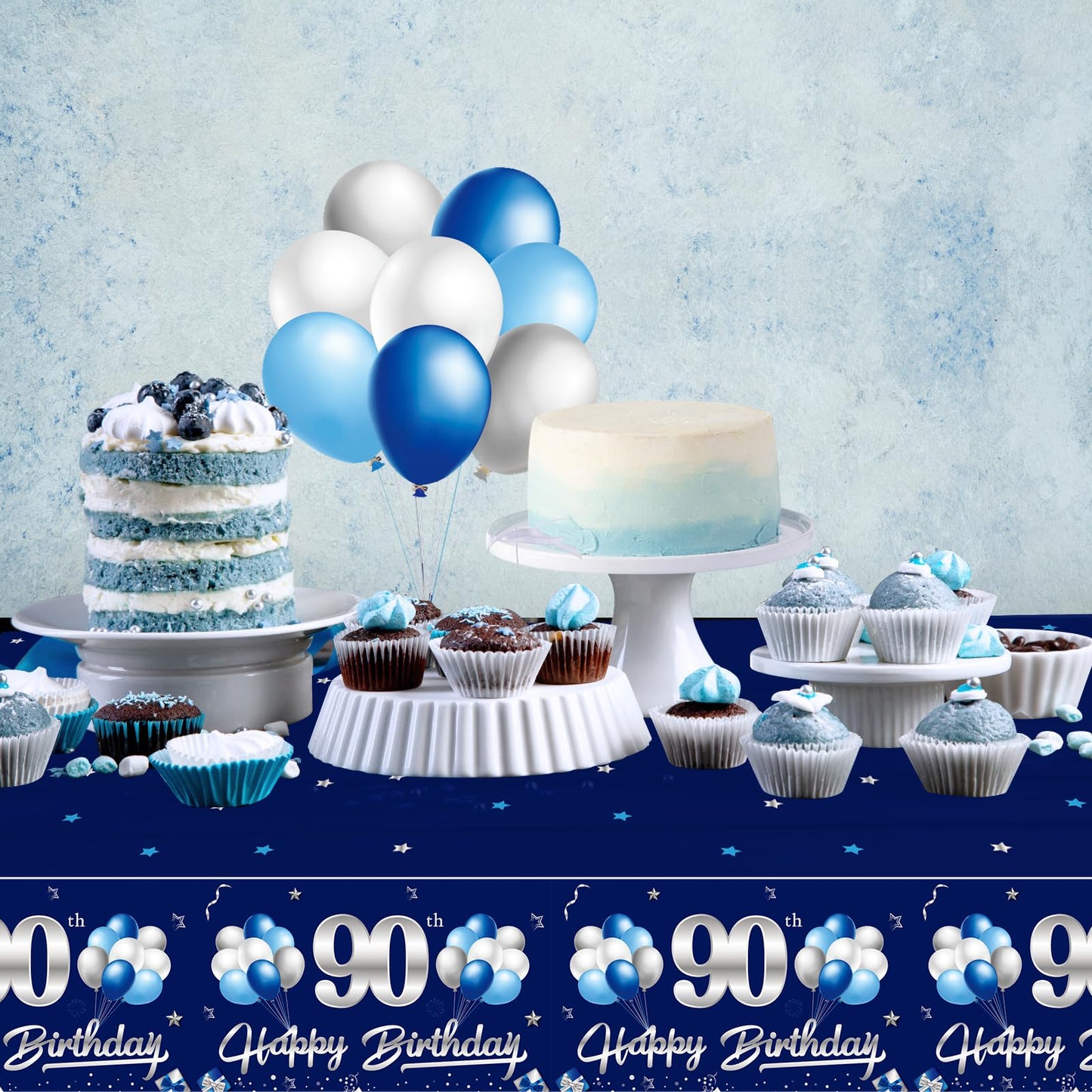 Turypaty 3 Packs 90Th Birthday Tablecloth Decoration For Men, Blue Silver Happy 90Th Birthday Table Cover Party Supplies, Ninety