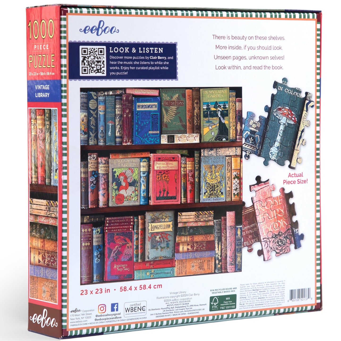 eeBoo Piece & Love: Vintage Library - 1000 Piece Puzzle - mature-themed Square Jigsaw  23x23  Includes Image Reference Insert  Glossy Pieces