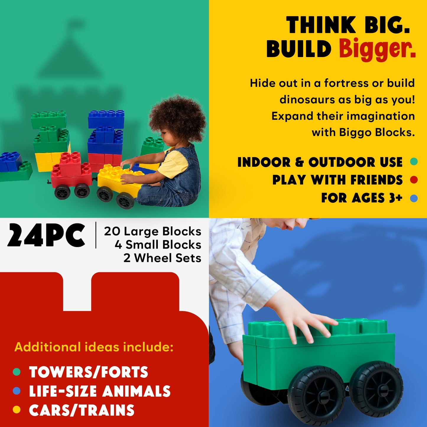 Biggoblocks Big Blocks For Kids Ages 4-8 - Indoor & Outdoor Blocks For Kids Games - Large Building Blocks (24 Pc With 2 Cars) Bi