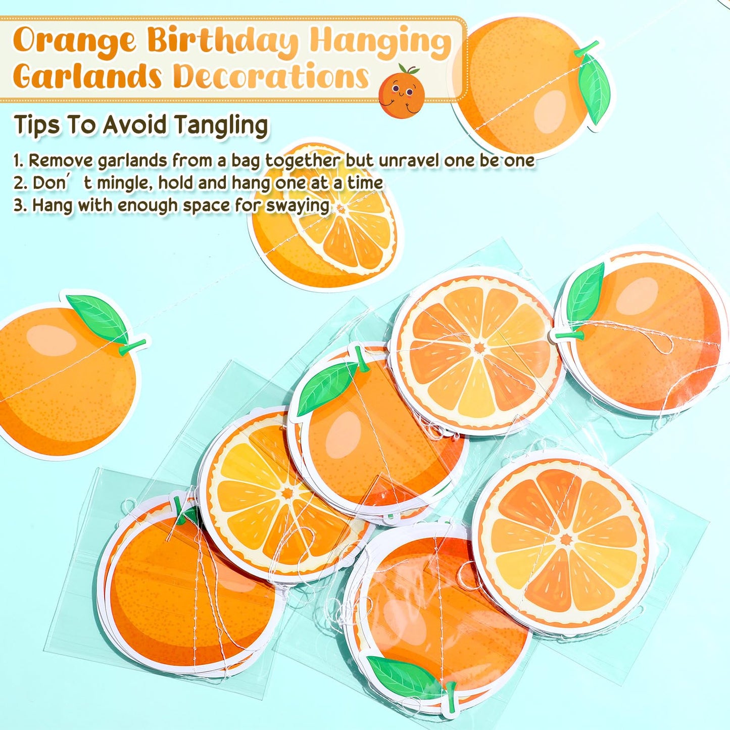 Daifunli 8 Pcs Orange Party Decorations Citrus Slice Birthday Hanging Garlands Banner Tangerine Paper Cutouts Streamer for Littl