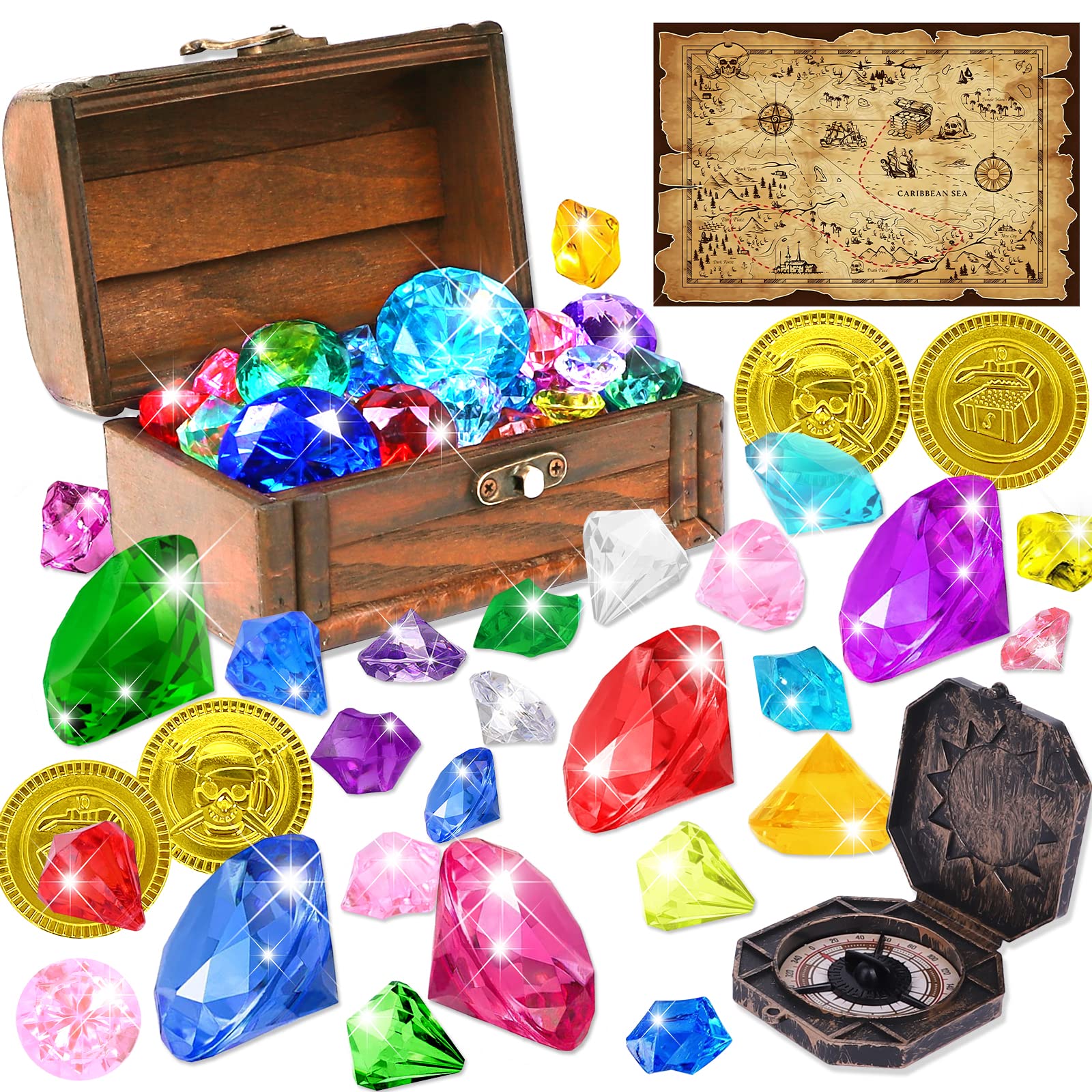 Yujun Diving Gem Pirate Toys Colorful Pool Acrylic Diamonds Pirate Treasure Chest Gold Coins With Underwater Swimming Throw Pirate Toy For Kids Birthday Summer Swimming Pool Party Favor