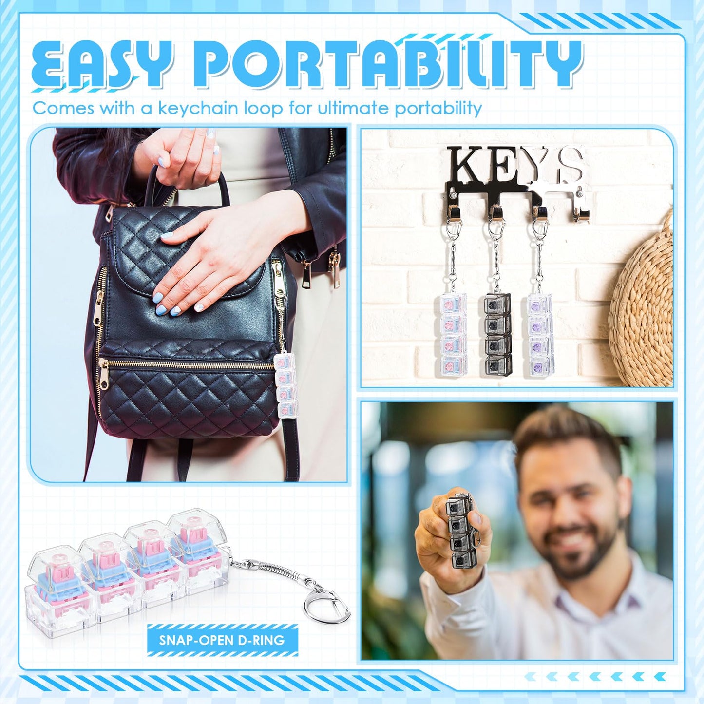 Halloscume 4 Pcs Light Sound Keyboard mature-themed Fidget Toy Clicker Toy 4-in-1 Keyboard Fidget Keychain Cube Mechanical Key Button Clicker Stress Relief Gift for Office School Home (Clear Colors)