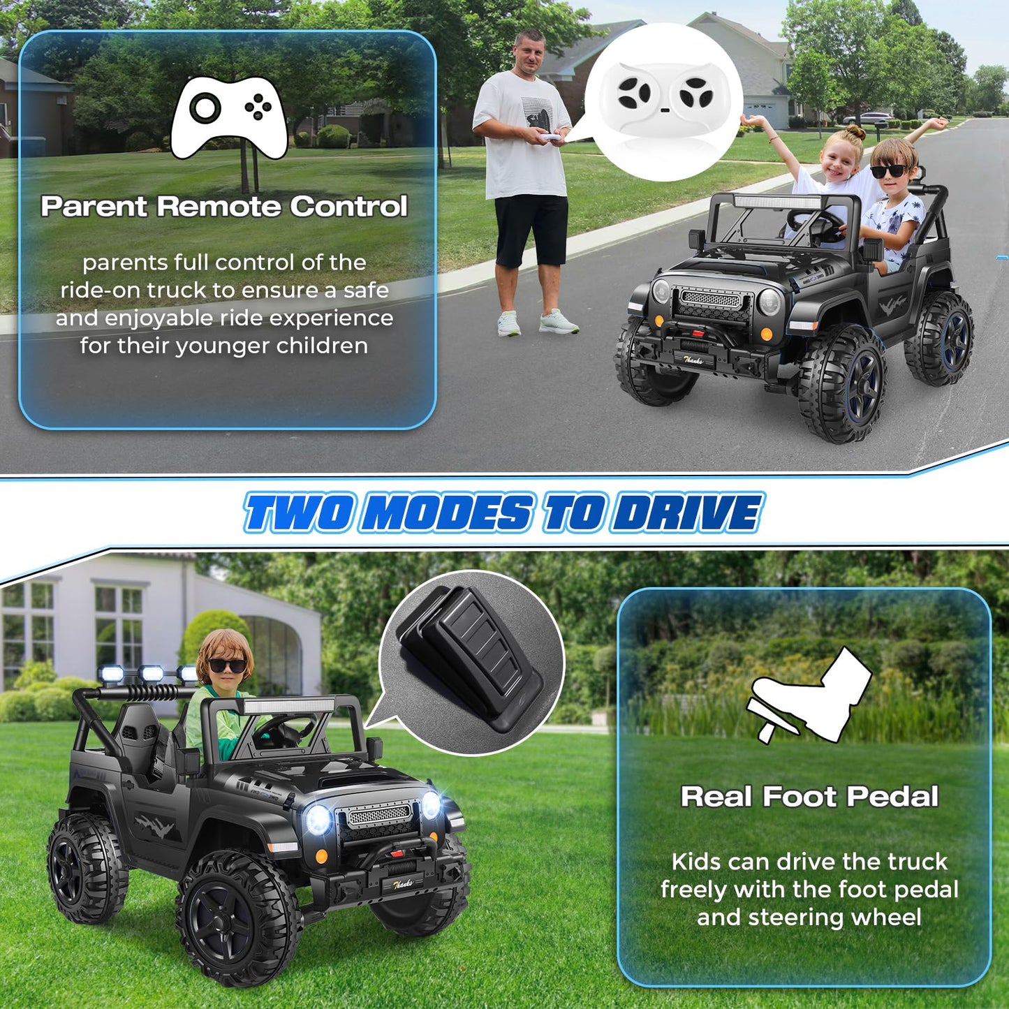 Hikole 24V Ride On Toys For Big Kids, 2 Seater Kids Ride On Truck For Todder 4-8 W/Remote Control, 4Wd/2Wd Switchable, 20'' Extr